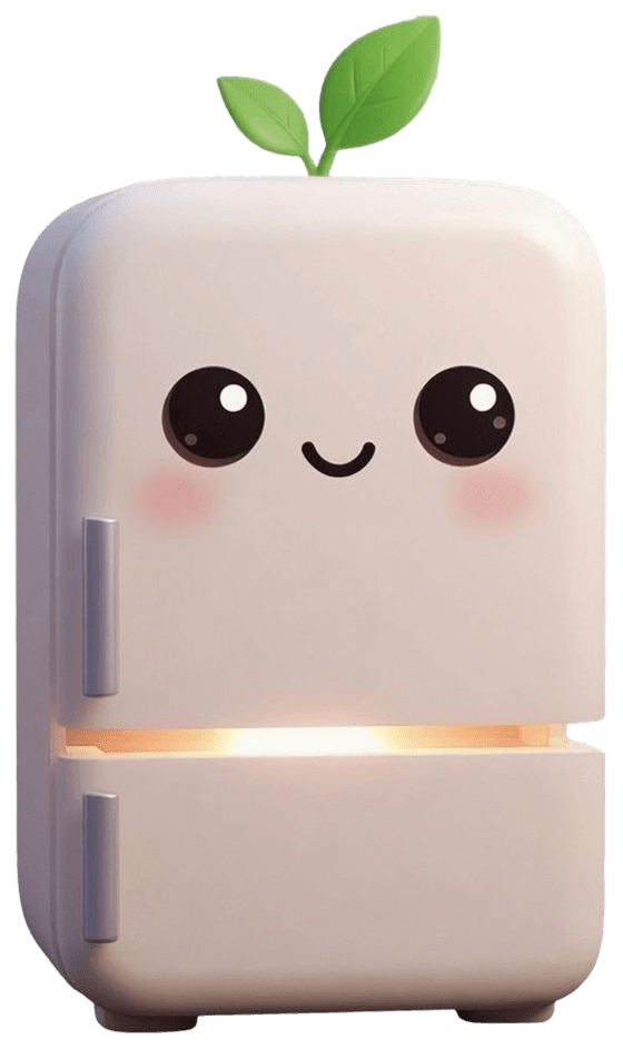 Your fridge: a smiling cream fridge with a sprout on his head and warm light glowing from his slightly open lower door